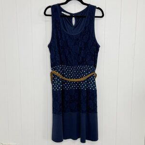 Maurices Navy Blue Sleeveless Belted Dress Floral Lace Polka Dot Tiered 2XL